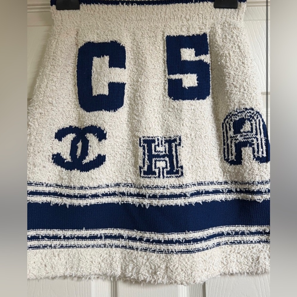 Chanel White & Navy Logo cotton Bouclé Mini Skirt varsity collection 2019